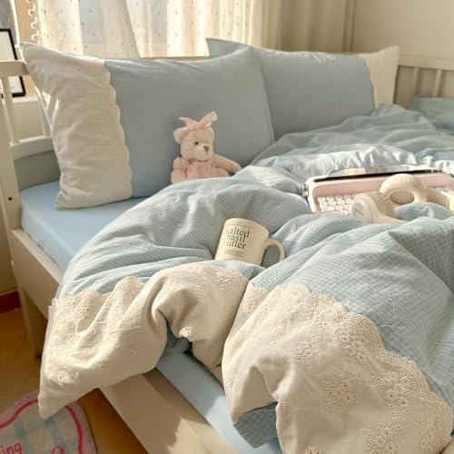 Blue Gingham Comforter Set King Romantic Lace Bedding Comforter with 2 Pillowcases Vintage Plaid Checkered Comforter Farmhouse Grid Bedding Set Blue Plaid Comforter Set for All Seasons