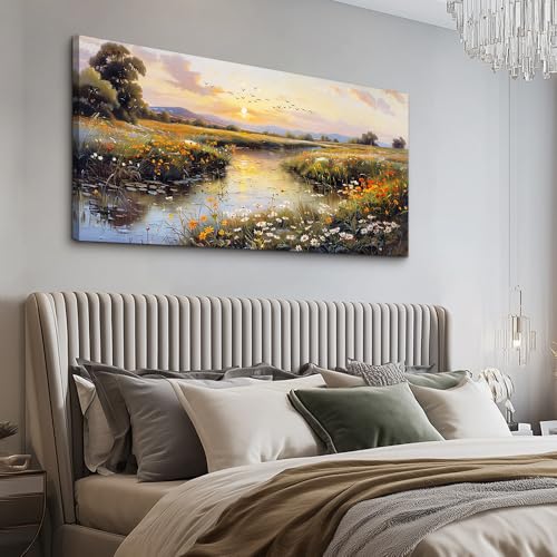 Large Canvas Wall Art For Bedroom Wall Decorations For Living Room Office Decor Rivulet View Painting Farmhouse Field Scenery Watercolour Pictures Home Decoration Ready To Hang 24x48 In