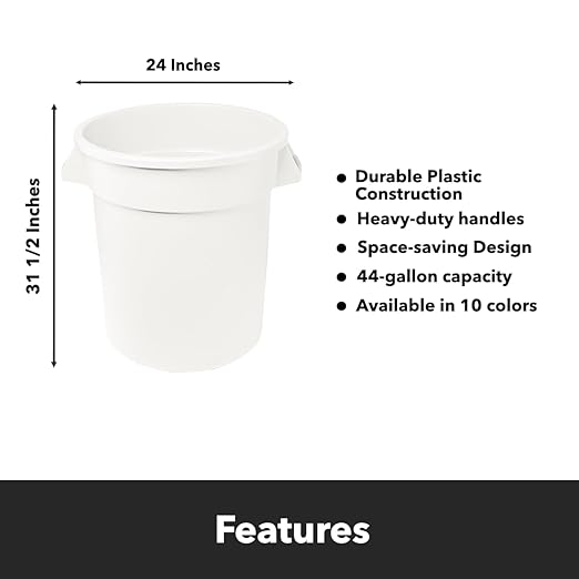 Feed and Seed Storage Container, 44 Gallon White Round Commercial Trash Can and Lid, Food Storage Plastic Bin, Use in Agricultural, Gardening, or Household