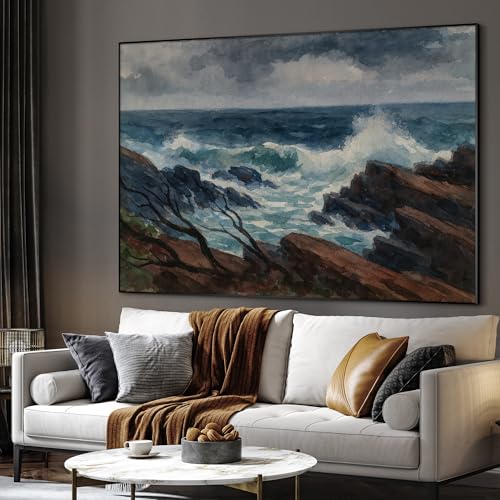 36"x46" Extra Large Framed Wall Art Rocky Seashore with Crashing Waves and Moody Sky for Home Living Room Bedroom Decor