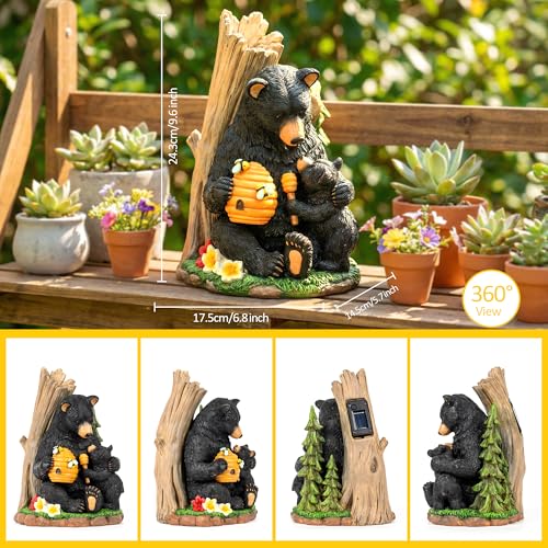 Solar Bear Garden Statue with Glowing Beehive & Cub
