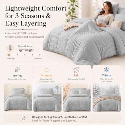 King Size Comforter Set 7 Pieces Light Grey Seersucker Bed in a Bag