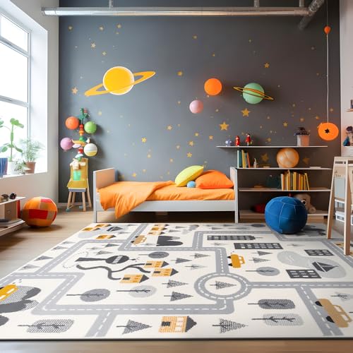 Kids Play Road Cityscape Playroom Area Rug Cream 8' x 10'