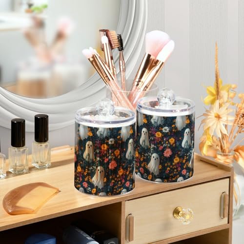 2 Pack Qtip Holder Organizer Dispenser Cute Ghosts with Flowers Bathroom Storage Canister Cotton Ball Holder Container for Cotton Pads (2 Count)