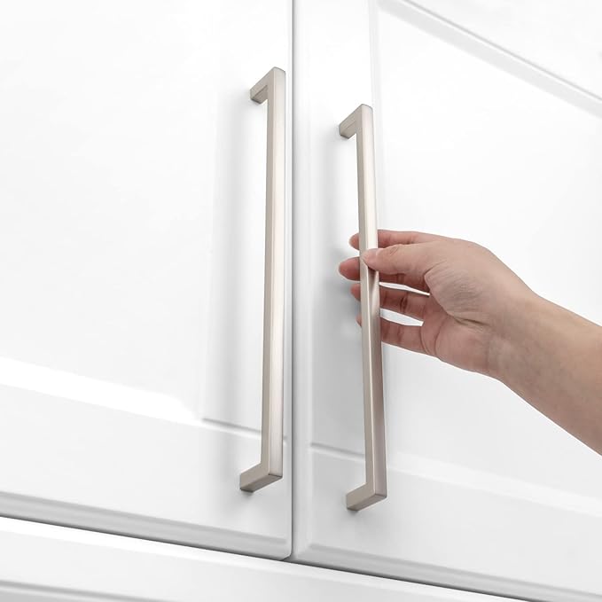KOOFIZO Solid Square Bar Cabinet Handle - Brushed Nickel Furniture Pull, 10 Inch/256mm Screwhole Distance, Pack of 5 for Kitchen Cupboard Door, Bedroom Dresser Drawer, Bathroom Wardrobe Hardware
