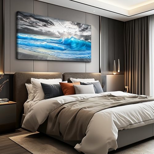 Large Canvas Beach Wall Pictures Artworks Wall Decor For Living Room Canvas Wall Art For Bedroom Office Decorations Blue Sea Wave Ocean Paintings Modern Inspiration Home Decor 30x60 In