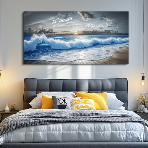 Large Canvas Printed Artworks Mural Wall Decor For Living Room Wall Art For Bedroom Office Decor Black White And Blue Ocean Wave Landscape Painting Modern Home Decor Ready To Hang 30"X60"