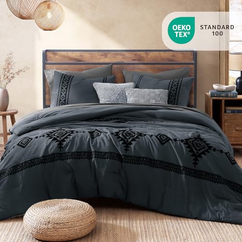 Embroidery King Size Comforter Set 7 Pieces Blue Grey Bed in a Bag
