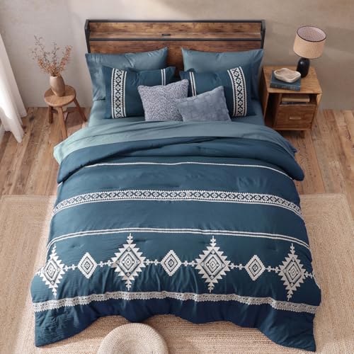 Embroidery Queen Comforter Set 7 Pieces Navy Blue Bed in a Bag