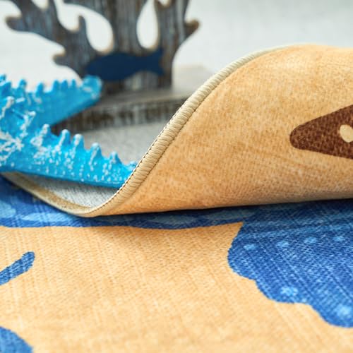 4ft Coastal Round Rug Washable Kids Rug Colorful Ocean Fish Mat Tan (12.57 Sq Ft)