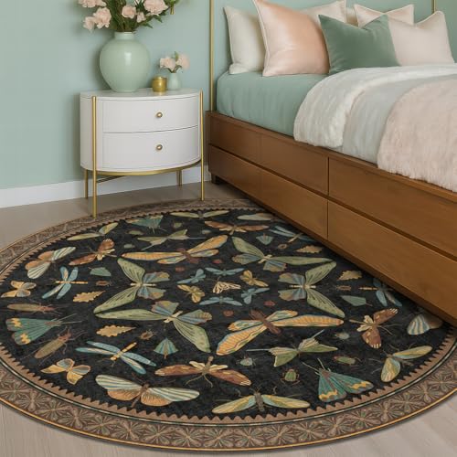 Washable Black 6ft Round Area Rugs for Bedroom Beside Bed (36 Sq Ft)