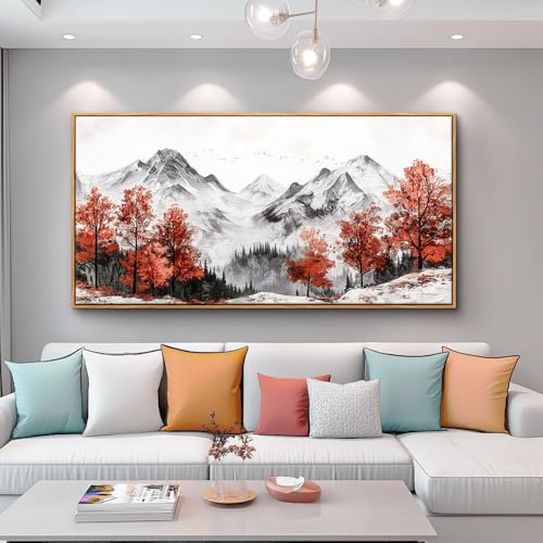 Large Canva Wall Decor For Living Room Wood Framed Wall Art For Bedroom Office Murals Red Tree Ink