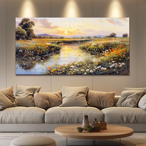 Large Canvas Wall Art For Bedroom Wall Decorations For Living Room Office Decor Rivulet View Painting Farmhouse Field Scenery Watercolour Pictures Home Decoration Ready To Hang 24x48 In