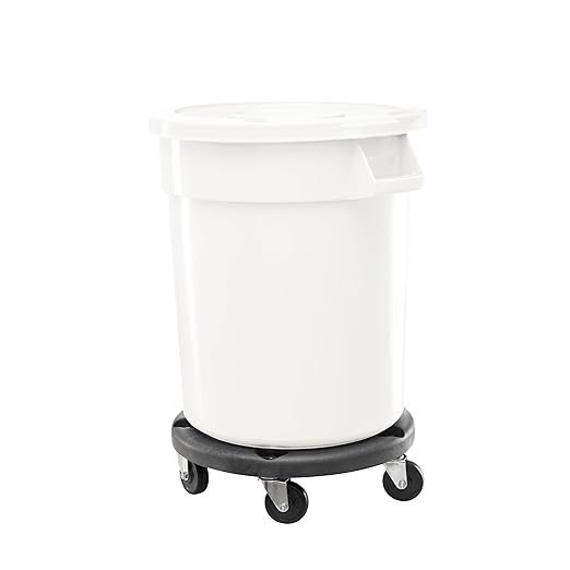 Feed and Seed Storage Container, 44 Gallon White Round Commercial Trash Can with Lid and Dolly, Food Storage Plastic Bin, Use in Agricultural, Gardening, or Household