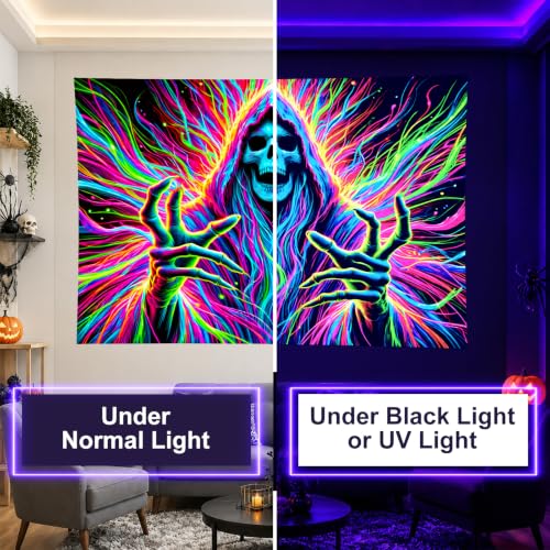Blacklight Tapestry Hooded Skeleton Wall Hanging 78 x 59 Inch