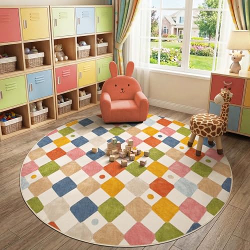 7ft Kids Round Rug Washable Classroom Rug Colorful Checkered Mat (38.48 Sq Ft)