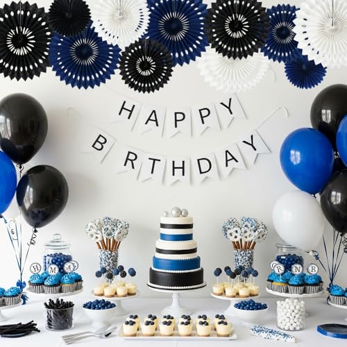 Honeycomb Round Paper Fans Black Blue White Hanging Party Decor (11 Count)