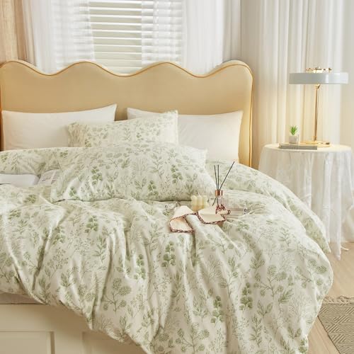 Garden Style Green Floral Comforter Set Full Size White Soft Fluffy Microfiber Comforter Chic Floral Printed Bedding Set Vintage Flowers Leaves Botanical Comforter Set All Seasons Full Comforter Set