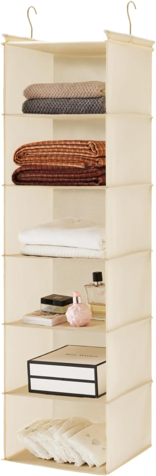 MAX Houser 6 Tier Shelf Hanging Closet Organizer, Cloth Hanging Shelf with 2 Sturdy Hooks for Storage, Foldable (Beige)