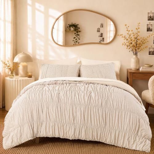 Tan Gingham Twin XL Comforter Set