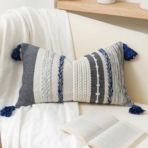 Decorative Lumbar Throw Pillow Cover 12x20 Boho Dark Blue Accent Cushion for Couch Sofa Farmhouse Pillowcase for Bedroom Living Room Home Décor Cover ONLY