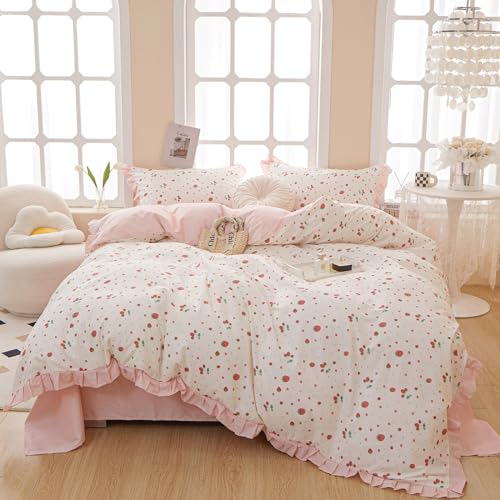Kawaii Pink Strawberry Comforter Set King Girls Cute Strawberry Bedding Comforter Fluffy Soft Microfiber Bedding Set 1 Ruffled Comforter with 2 Pillowcases Pink Floral Comforter Set