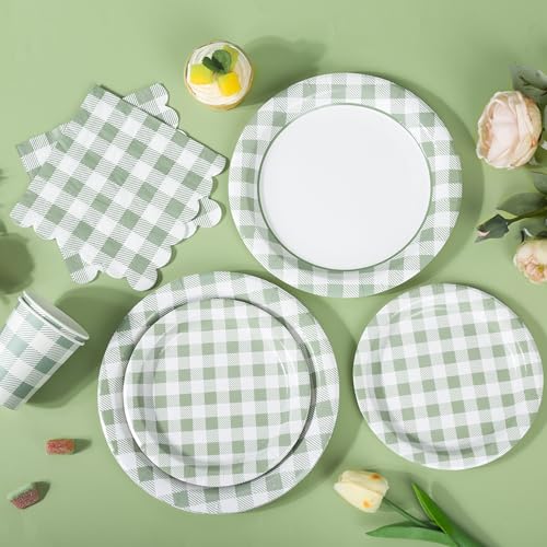 175 Pcs Sage Green Gingham Paper Plates and Napkins Cups (175 Count)