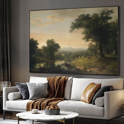 36"x46" Extra Large Framed Wall Art Classic River Valley Landscape Vintage Style Countryside Illustration for Home Living Room Bedroom Decor