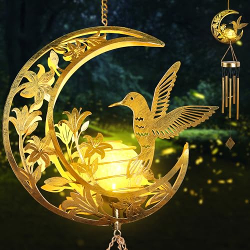 Solar Wind Chimes for Outside Hummingbird Gifts for Women Mom Grandma Sister Crackle Glass Ball Wind Chimes Solar Lights Outdoor Decor for Garden Backyard Patio Yard Porch