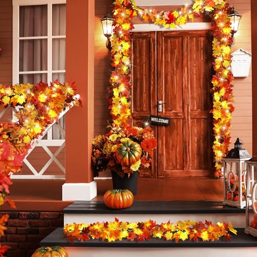 6 Pack 5.74 Feet Each Maple Leaves Garlands with 8 Lighting Modes LED String Lights Artificial Maple Leaf Fall Decorations for Home Indoor Outdoor Thanksgiving Halloween Decor (6 Count)