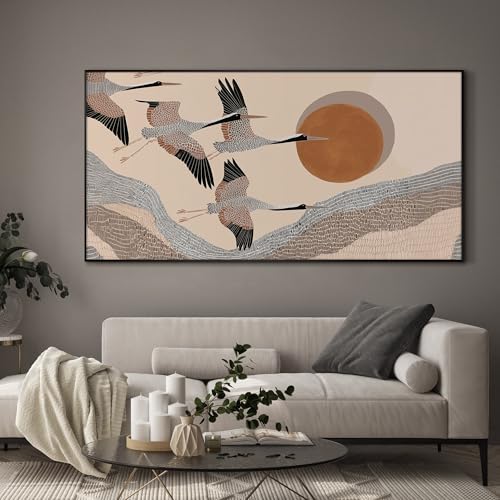 36"x72" Extra Large Framed Wall Art Flying Cranes Over Sunlit Hills Illustration for Home Living Room Bedroom