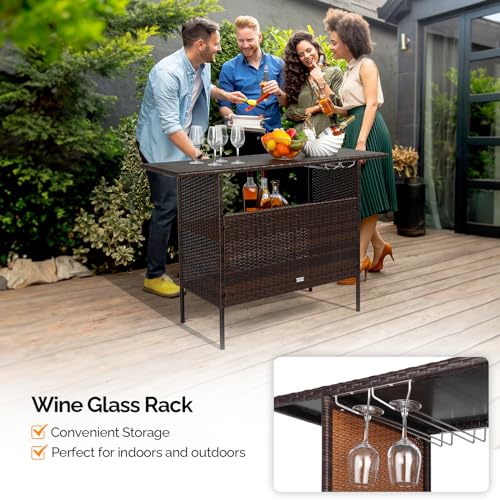 Wicker Outdoor Bar Table with 2 Steel Shelves