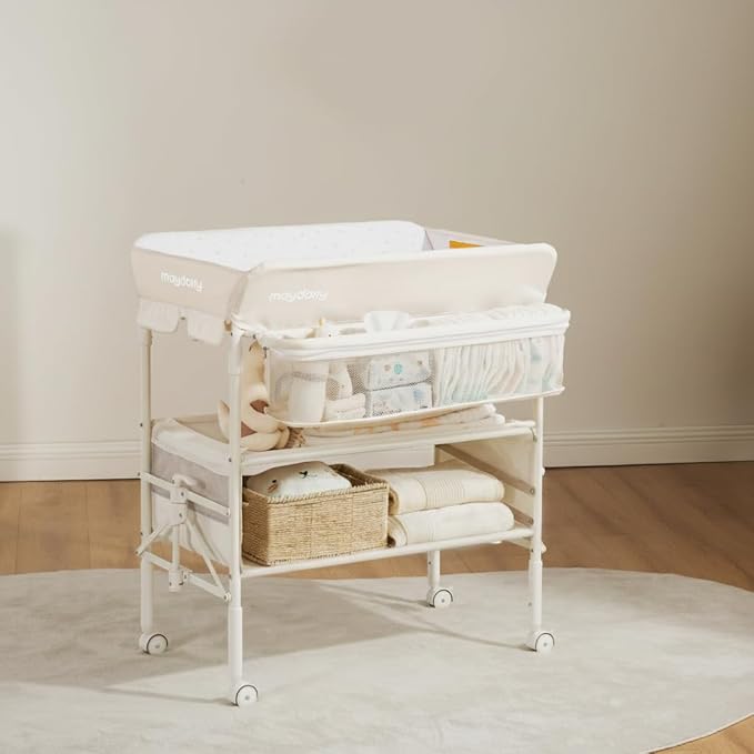 Maydolly Baby Changing Table, Portable Foldable Changing Table, Waterproof Diaper Changing Station, Adjustable Height Changing Station, Mobile Nursery for Newborn and Infant (Beige Without Drawer)