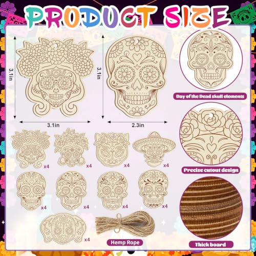 36PCS Wooden Day of The Dead Skull Ornaments to Paint Dia De Los Muertos Decorations Crafts for Kids