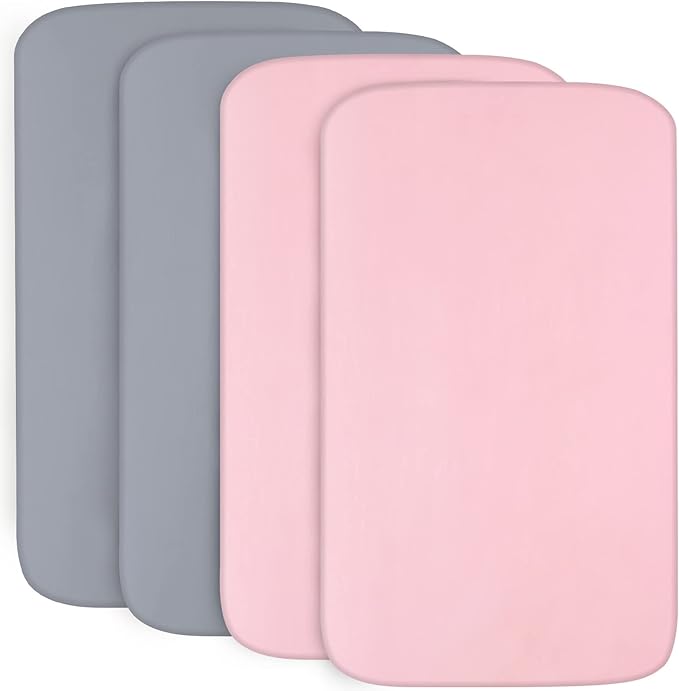 4-Pack Fitted Pack and Play Sheets for Boys and Girls - Breathable, Soft Microfiber Baby Sheets in Grey and Pink