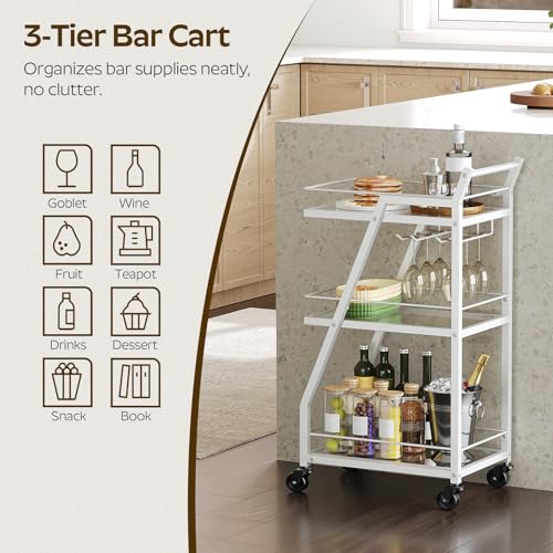 Bar Cart, 3-Tier Home Bar Serving Cart with Wheels, Drink Cart with Glass Holder, Beverage Cart, Rolling Kitchen Cart, for Home, Living Room, Transparent and White BC03WT