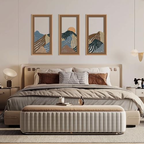 Abstract Mountain Wood Framed Wall Art 8x16 Inch Set of 3 Textured Minimalist Landscape Wooden Wall Decor Modern Colorful Line Artwork for Living room Bedroom Office