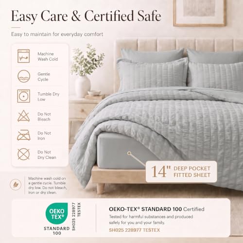 King Size Comforter Set 7 Pieces Light Grey Seersucker Bed in a Bag