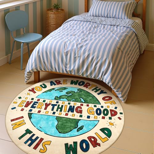 4ft Round Rug Washable Fun Rug You are Worthy Playroom Mat for Kids (12.57 Sq Ft)