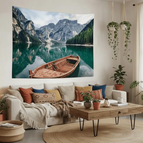Nature Mountain Lake Boat Tapestry 80x60 Inch