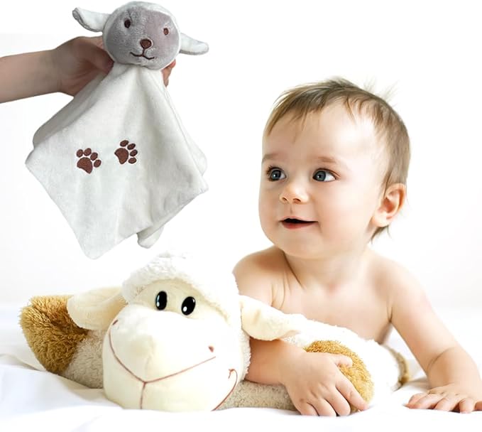 CREVENT Cozy Plush Baby Security Blanket Loveys for Baby Girls Boys, Stuffed Animal Ring Rattle Shaker Toy for Newborns (Sheep)