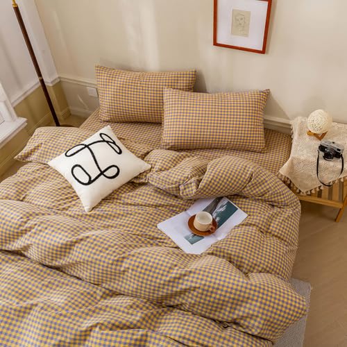 Gingham Comforter Set King Modern Style Checkered Plaid Printed Bedding Comforter Set 3 Pieces Boho Grid Comforter King Fluffy Soft Purple Yellow Gingham Bedding Comforter with 2 Pillowcases