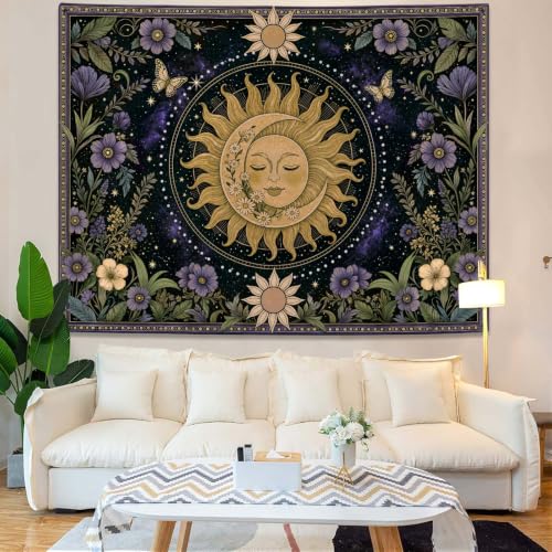 Boho Vintage Sun and Moon Hippie Purple Floral Tapestry 80 x 60 Inch