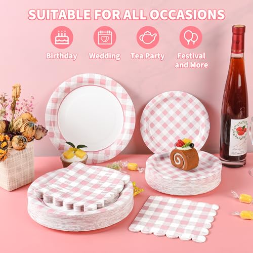 175 Pcs Pink Gingham Paper Plates and Napkins with Cups (175 Count)