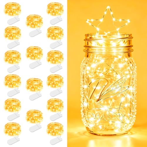 16 Pack Fairy Lights Battery Operated 7ft 20 LED String Lights Mini Twinkle Lights Silver Wire Firefly Starry Lights for DIY Mason Jar Wedding Centerpiece Table Party Christmas Decorations (16 Count)