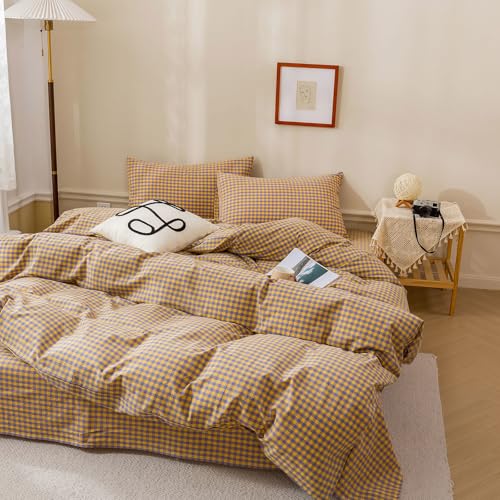 Gingham Comforter Set King Modern Style Checkered Plaid Printed Bedding Comforter Set 3 Pieces Boho Grid Comforter King Fluffy Soft Purple Yellow Gingham Bedding Comforter with 2 Pillowcases