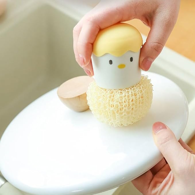 Eggshell Chicken Style Scrubber Brush with ForNano Fiber Cleaning Ball for Kitchen Cleaning of Pots, Pans, and Dishes Featuring Comfortable Handle and Compact Shape (2pcs-Yellow)