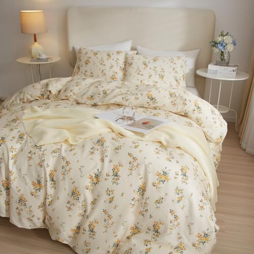 Vintage Yellow Floral Comforter Set King Garden Style Aesthetic Flower Comforter for King Bed Fluffy Lightweight Chic Botanical Floral Bedding Cottagecore Comforter Farmhouse Boho Comforter Set