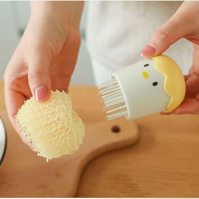 Eggshell Chicken Style Scrubber Brush with ForNano Fiber Cleaning Ball for Kitchen Cleaning of Pots, Pans, and Dishes Featuring Comfortable Handle and Compact Shape (2pcs-Pink)
