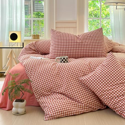 Gingham Comforter Set King Vintage Plaid Checkered Pattern Comforter Lightweight Soft Gingham Bedding Red Orange Grid Comforter with 2 Pillowcases Farmhouse Checkered Comforter Set